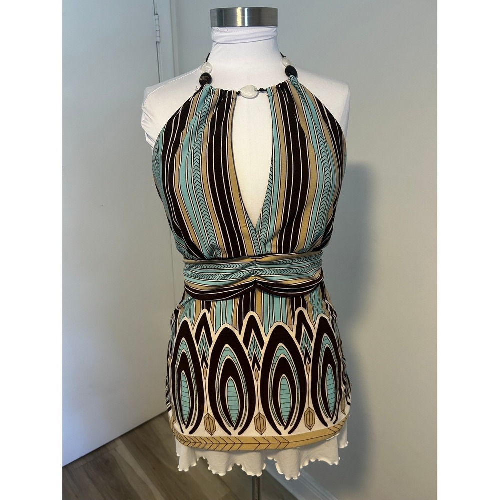 BCX y2k Womens Halter Top Aqua Brown Geometric Striped Beaded Keyhole Size L
